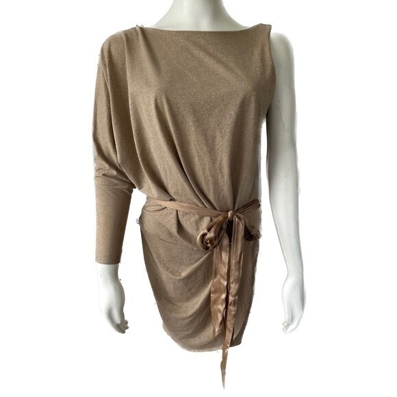 Bebe One Sleeve Metallic Gold Bodycon Dress Belt Tie Plunging Open Back XS - Picture 1 of 5